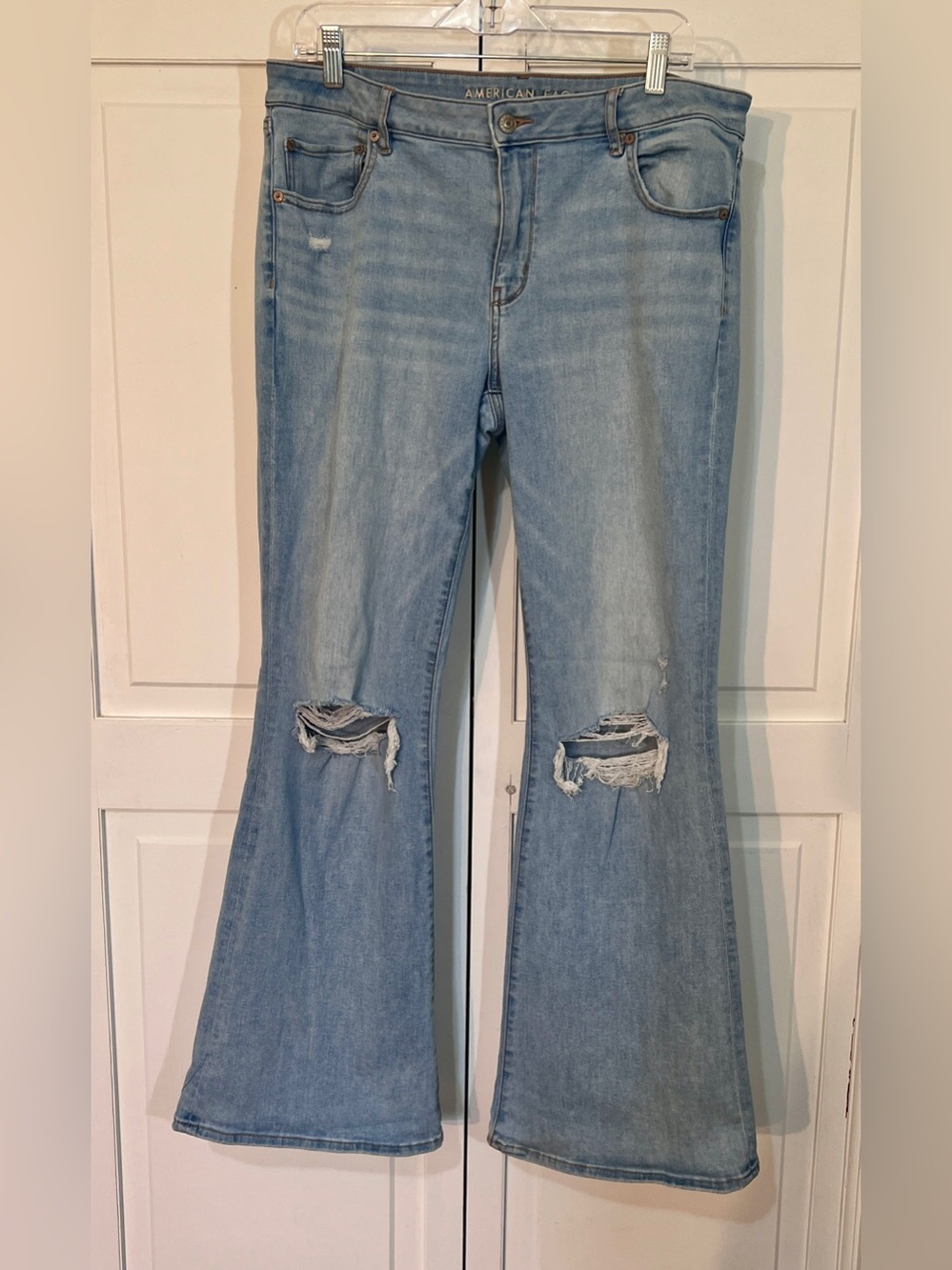American Eagle Outfitters Light Blue Distressed Flare Jeans Size 14 Long